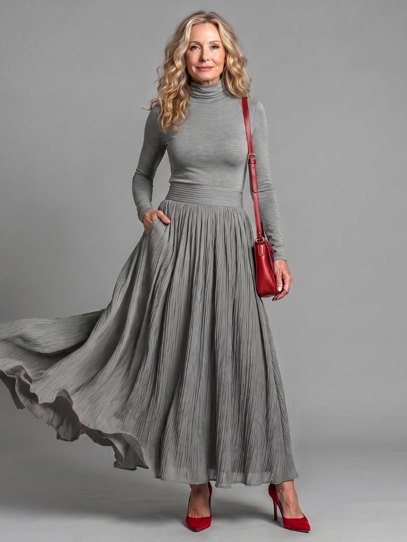 Lana | Pleated Turtleneck Maxi Dress