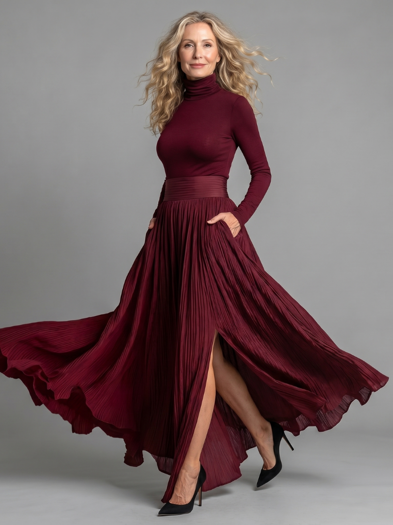 Lana | Pleated Turtleneck Maxi Dress