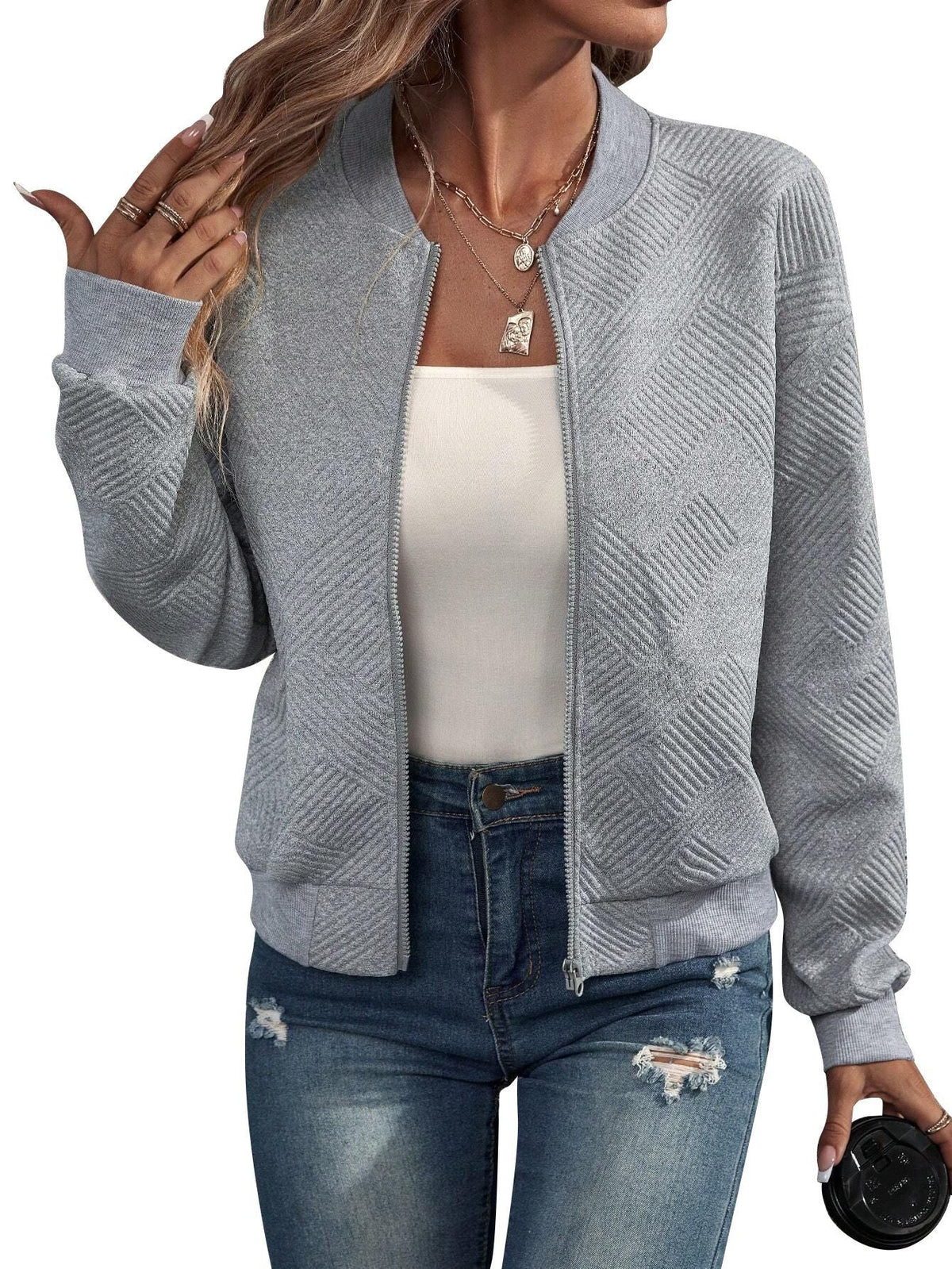 Iona | Textured Zip Front Bomber Jacket
