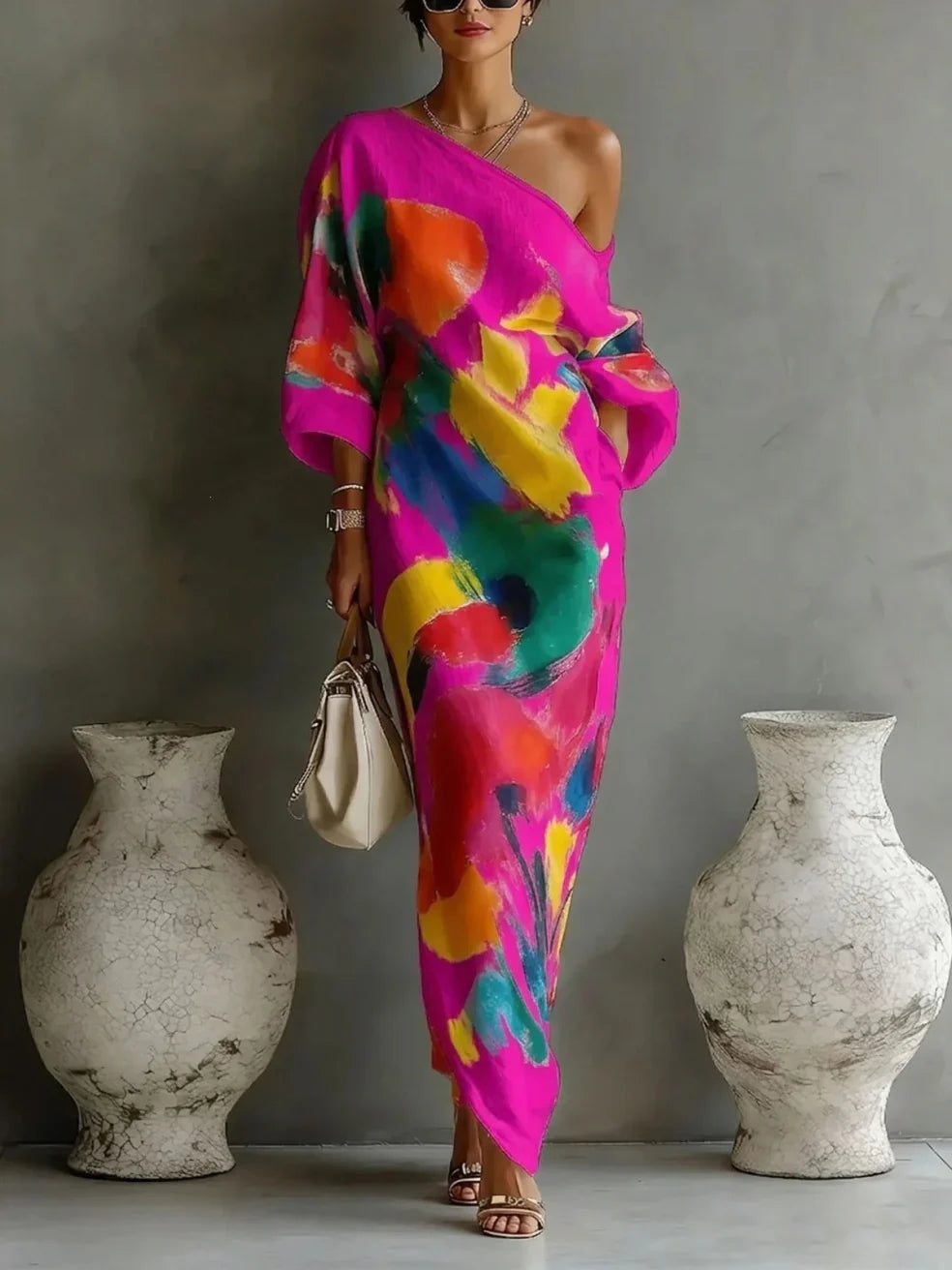 Delphine | One Shoulder Painted Print Maxi Dress
