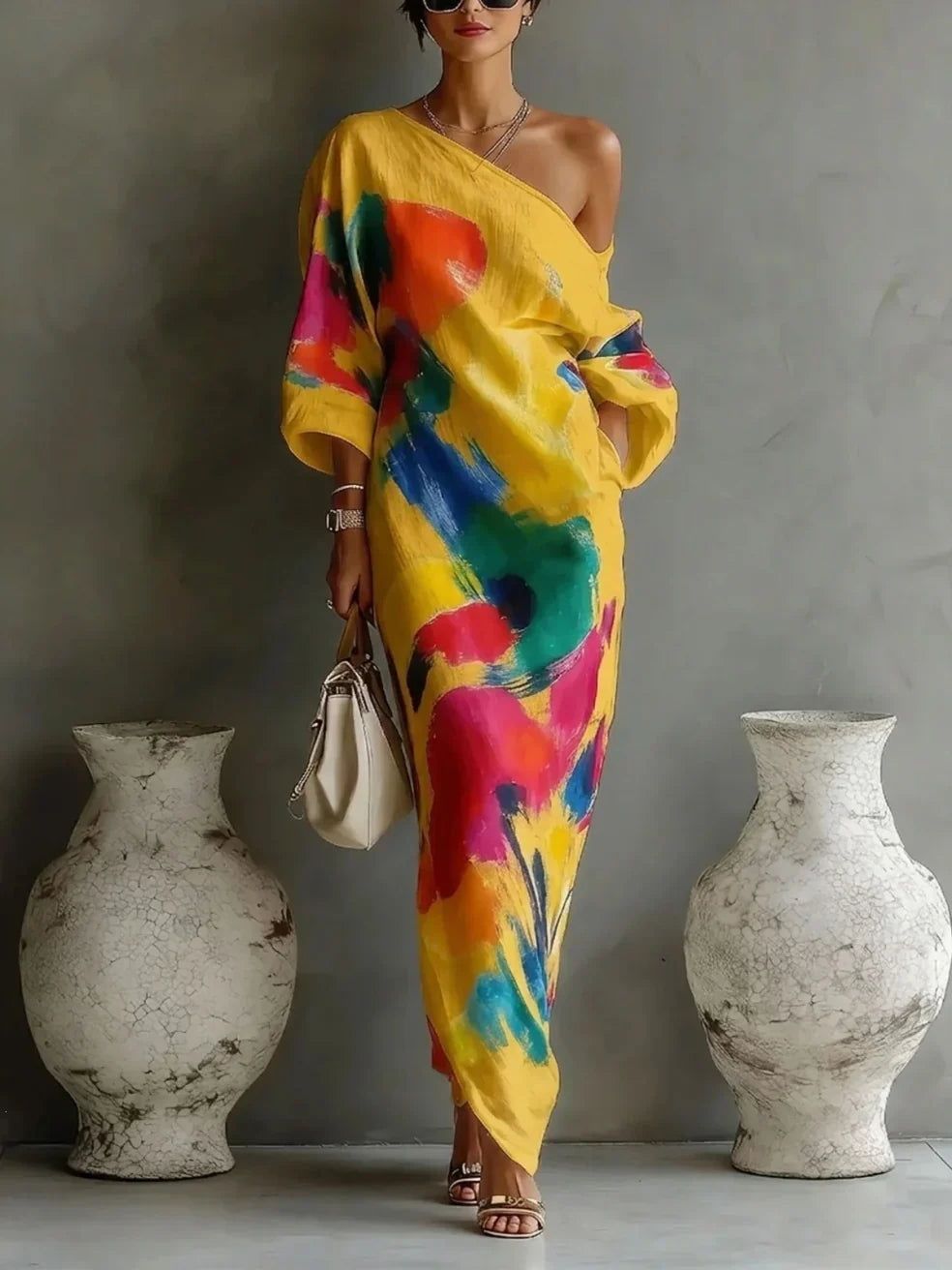 Delphine | One Shoulder Painted Print Maxi Dress