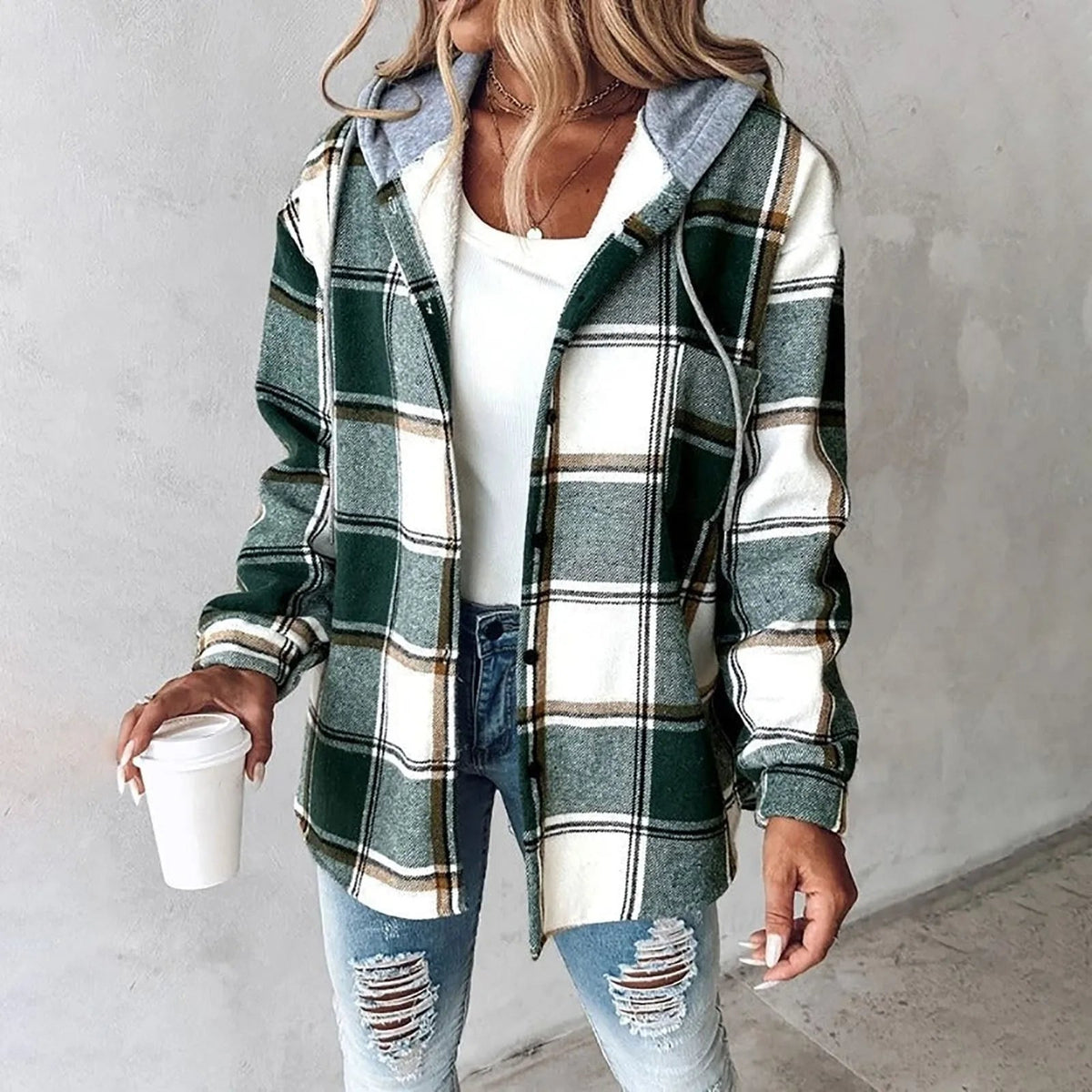 PAIGE™ - Chic Plaid Long-Sleeve Button Down Hooded Jacket